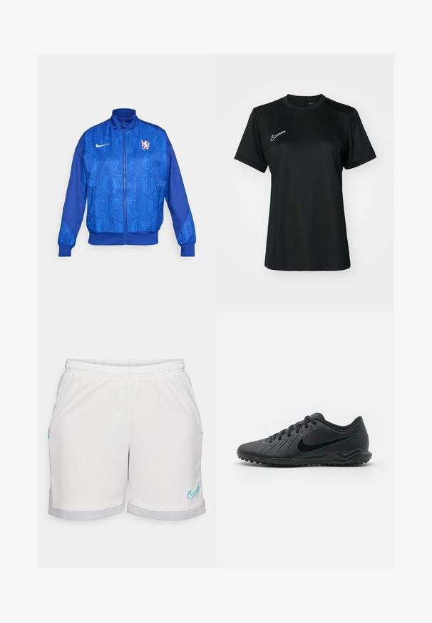 Blauwe zip-up jas met een gestructureerd patroon met de tekst "LONDEN" en "CFC", Nike-logo, hoge kraag en elastische manchetten.; Zwart sportshirt met korte mouwen en een ronde hals. Voorzien van een wit Nike-logo aan de bovenkant aan de linkerkant. Glad, lichtgewicht stof.; Witte sportieve shorts met een elastische tailleband, voorzien van turquoise accenten en een grijze mesh zoom. Gladde stofstructuur, rechte snit.; Zwarte voetbalschoenen met een gestructureerde synthetische bovenkant, gebogen ontwerp, zwarte outsole en een teal Nike-logo aan de zijkant. Vetersluiting.