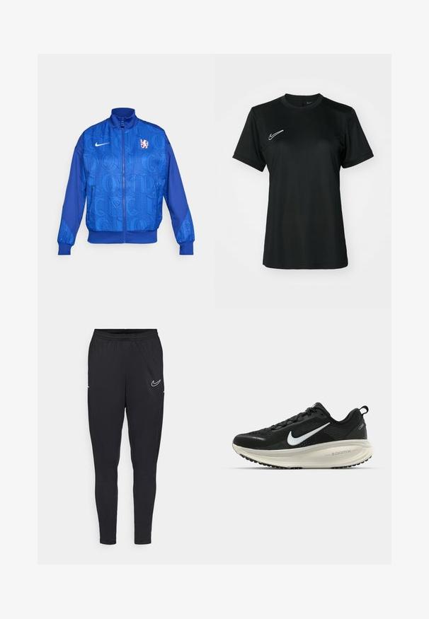 Modrá zipsová bunda s textúrovaným vzorom, na ktorej je nápis "LONDON" a "CFC", logo Nike, vysoký golier a elastické manžety.; Čierne športové tričko s krátkym rukávom a okrúhlym výstrihom. Obsahuje biele logo Nike na hornej ľavej strane. Hladký, ľahký materiál.; Čierne športové nohavice vyrobené z ľahkej tkaniny, s elastickým pásom, priliehavým strihom a bielym logom Nike na stehne.; Čierne bežecké topánky Nike s priedušnou sieťovinou, bielym logom s symbolom swoosh, textúrovanými detailmi a krémovou ZoomX medzipodrážkou.