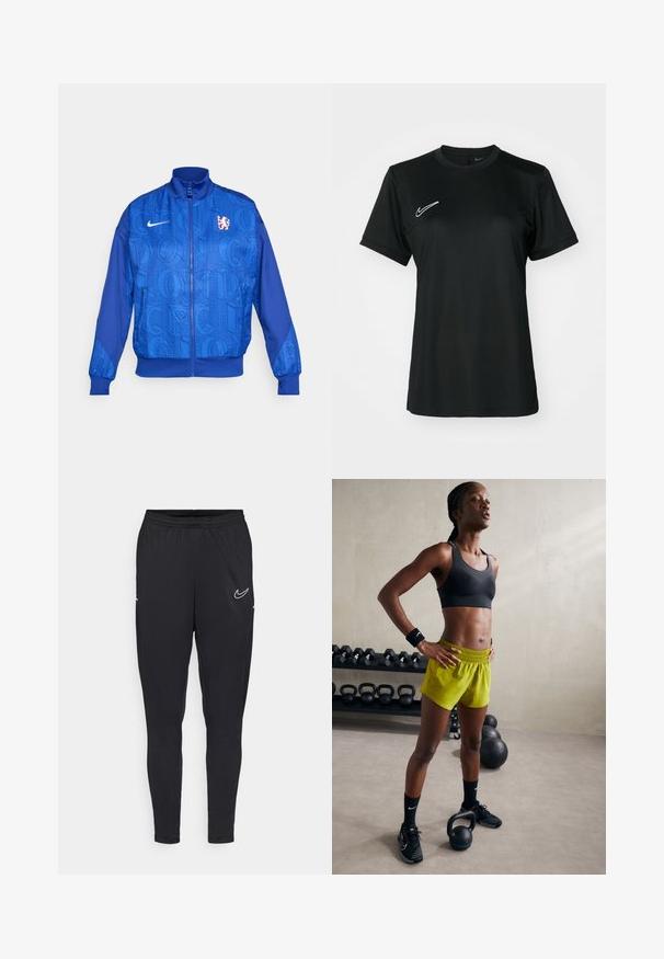 Blue zip-up jacket with textured pattern featuring "LONDON" and "CFC," Nike logo, high collar, and elastic cuffs.; Black short-sleeve athletic shirt with a round neckline. Features a white Nike logo on the upper left side. Smooth, lightweight fabric.; Black athletic pants made of lightweight fabric, featuring an elastic waistband, fitted design, and a white Nike logo on the thigh.; Black sports bra, bright yellow shorts with an elastic waistband, black athletic shoes, and wristbands, standing beside kettlebells.