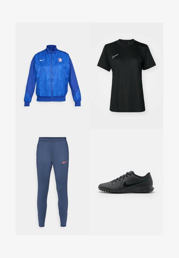 Sininen vetoketjullinen takki, jossa on teksturoitu kuvio. Takissa lukee "LONDON" ja "CFC", sekä Nike-logo. Takissa on korkea kaulus ja joustavat hihansuut.; Musta lyhythihainen urheilupaita, jossa on pyöreä kaula-aukko. Vasemmassa yläkulmassa on valkoinen Nike-logo. Sileä ja kevyt kangas.; Tummansiniset urheiluhousut, joissa on kapeampi malli, joustava vyötärö ja pieni oranssi Nike-logo vasemmassa reisissä. Sujuva pinta.; Musta jalkapallokengät, joissa on teksturoitu synteettinen päällinen, kaareva muotoilu, musta pito-osa ja teallogo Nike-logolla sivussa. Nauhakiinnitys.
