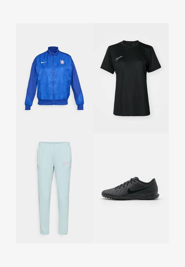 Blauwe zip-up jas met een gestructureerd patroon met de tekst "LONDEN" en "CFC", Nike-logo, hoge kraag en elastische manchetten.; Zwart sportshirt met korte mouwen en een ronde hals. Voorzien van een wit Nike-logo aan de bovenkant aan de linkerkant. Glad, lichtgewicht stof.; Lichtblauwe Nike trainingsbroek met een gladde textuur, een elastische tailleband en roze logo-accenten op de linkerdij en zakken.; Zwarte voetbalschoenen met een gestructureerde synthetische bovenkant, gebogen ontwerp, zwarte outsole en een teal Nike-logo aan de zijkant. Vetersluiting.