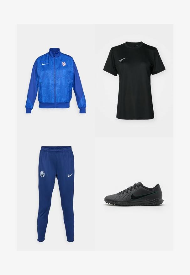Niebieska kurtka z zamkiem błyskawicznym o teksturowanym wzorze, z napisem "LONDYN" i "CFC", logo Nike, wysokim kołnierzem i elastycznymi mankietami.; Czarna, krótko rękawowa koszulka sportowa z okrągłym dekoltem. Posiada białe logo Nike na górnej lewej stronie. Gładki, lekki materiał.; Granatowe spodnie sportowe wykonane z gładkiego materiału. Zawierają białe logo Nike oraz okrągły emblemat zespołu na lewej udzie. Elastyczny pas.; Czarne korki piłkarskie z teksturowaną syntetyczną górą, zakrzywionym wzorem, czarną podeszwą zewnętrzną i turkusowym logo Nike z boku. Zapięcie na sznurówki.