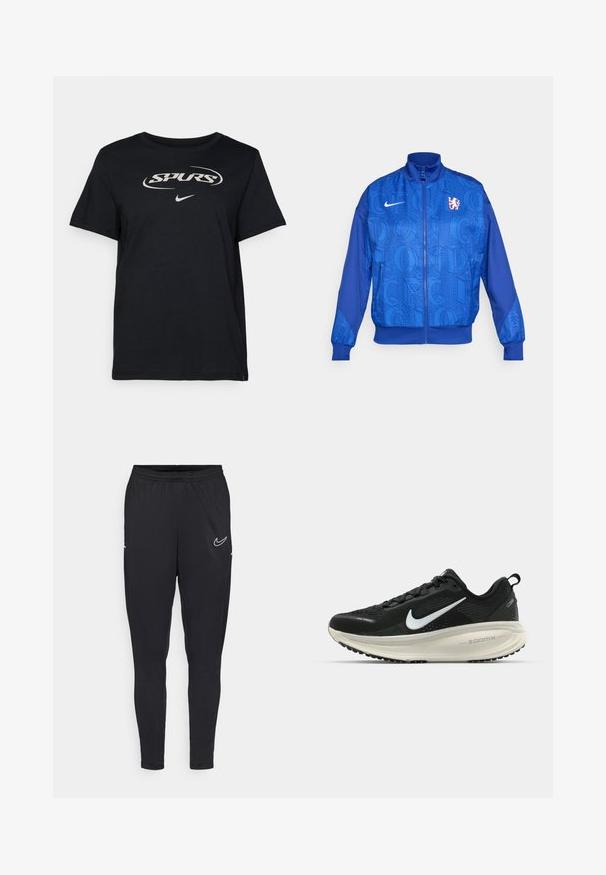 Kék zipzáras dzseki struktúrált mintával, amelyen "LONDON" és "CFC" felirat, Nike logó, magas gallér és elasztikus mandzsetta található.; Fekete pamut póló, fehér "SPURS" logóval és egy kis Nike swoosh-szal alul. Rövid ujjú, klasszikus kerek nyakú kialakítással.; Fekete sportnadrág könnyű anyagból, rugalmas derékkal, testhezálló kivitelben, és fehér Nike logóval a combján.; Fekete Nike futócipő légáteresztő hálós felsőrésszel, fehér Swoosh logóval, textúrázott részletekkel és krém színű ZoomX középtalppal.