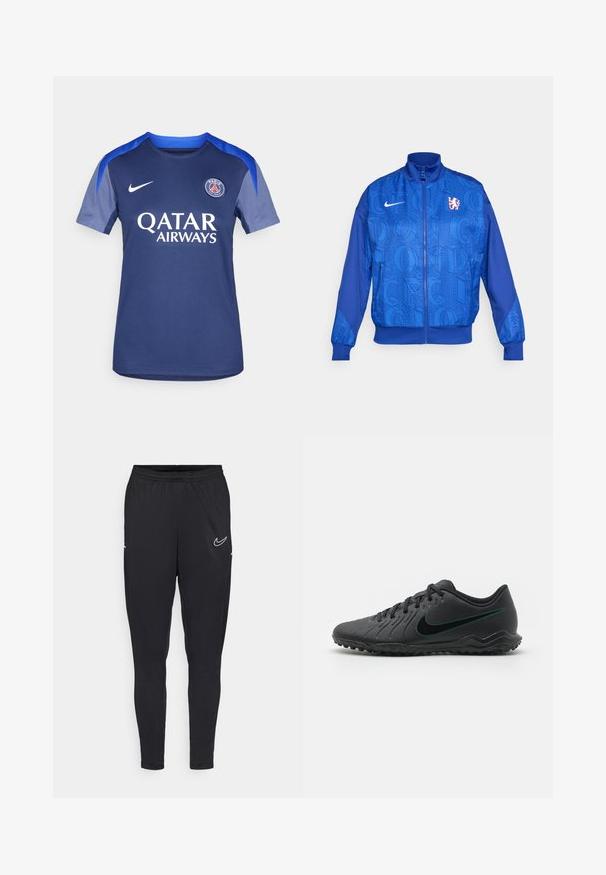 Giacca blu con zip, dotata di un motivo testurizzato che presenta "LONDRA" e "CFC", logo Nike, colletto alto e polsini elasticizzati.; Maglia da calcio Nike blu navy con collo rotondo, maniche corte e dettagli grigi. "QATAR AIRWAYS" stampato in bianco. Logo della squadra sul petto.; Pantaloni sportivi neri realizzati con un tessuto leggero, caratterizzati da una vita elastica, un design aderente e un logo Nike bianco sulla coscia.; Scarpa da calcio nera con tomaia sintetica testurizzata, design curvo, suola nera e logo Nike teal sul lato. Chiusura con lacci.