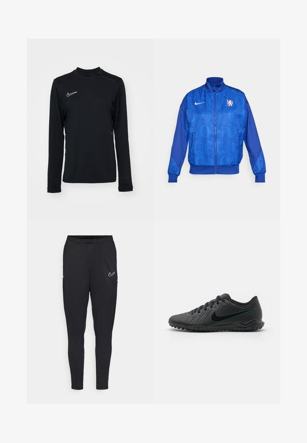 Blauwe zip-up jas met een gestructureerd patroon met de tekst "LONDEN" en "CFC", Nike-logo, hoge kraag en elastische manchetten.; Zwart sportshirt met lange mouwen van een soepele stof, met een ronde halslijn en een klein wit Nike-logo aan de bovenlinkerzijde.; Zwarte sportbroeken van lichtgewicht stof, met een elastische tailleband, een getailleerd ontwerp en een wit Nike-logo op de bovenbeen.; Zwarte voetbalschoenen met een gestructureerde synthetische bovenkant, gebogen ontwerp, zwarte outsole en een teal Nike-logo aan de zijkant. Vetersluiting.