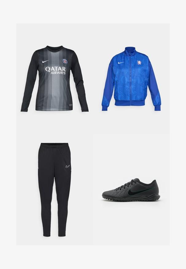 Niebieska kurtka z zamkiem błyskawicznym o teksturowanym wzorze, z napisem "LONDYN" i "CFC", logo Nike, wysokim kołnierzem i elastycznymi mankietami.; Koszulka piłkarska z długim rękawem w kolorze czarnym i szarym, z pionowymi paskami, z okrągłym dekoltem, logo Nike oraz brandingiem Qatar Airways.; Czarne spodnie sportowe wykonane z lekkiego materiału, z elastyczną talią, dopasowanym krojem i białym logo Nike na udzie.; Czarne korki piłkarskie z teksturowaną syntetyczną górą, zakrzywionym wzorem, czarną podeszwą zewnętrzną i turkusowym logo Nike z boku. Zapięcie na sznurówki.