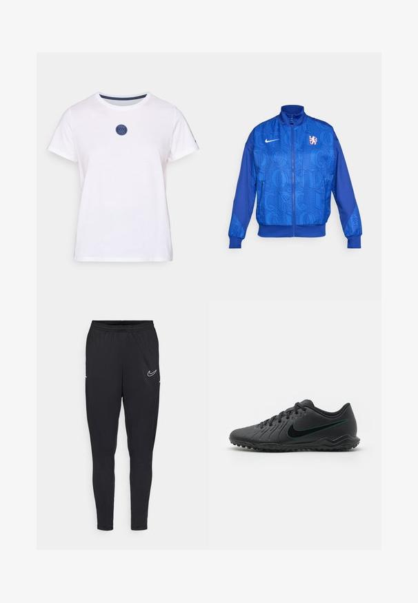 Giacca blu con zip, dotata di un motivo testurizzato che presenta "LONDRA" e "CFC", logo Nike, colletto alto e polsini elasticizzati.; T-shirt bianco in cotone con maniche corte, dotato di un colletto rotondo e un design di logo circolare blu sul petto. Texture liscia.; Pantaloni sportivi neri realizzati con un tessuto leggero, caratterizzati da una vita elastica, un design aderente e un logo Nike bianco sulla coscia.; Scarpa da calcio nera con tomaia sintetica testurizzata, design curvo, suola nera e logo Nike teal sul lato. Chiusura con lacci.