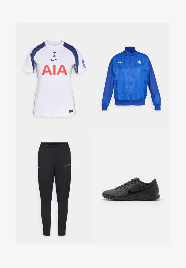 Blå lynlåsjakke med tekstureret mønster, der har "LONDON" og "CFC," Nike-logo, høj krave og elastiske manchetter.; Hvid fodboldtrøje med korte ærmer og marineblå detaljer, med rund halsudskæring, stort rødt "AIA" logo og holdets våbenskjold på brystet.; Sorte atletiske bukser lavet af letvægtsstof, med elastisk talje, tætsiddende design og et hvidt Nike-logo på låret.; Sort fodboldstøvle med struktureret syntetisk overdel, buet design, sort ydersål og teal Nike-logo på siden. Snørelukning.