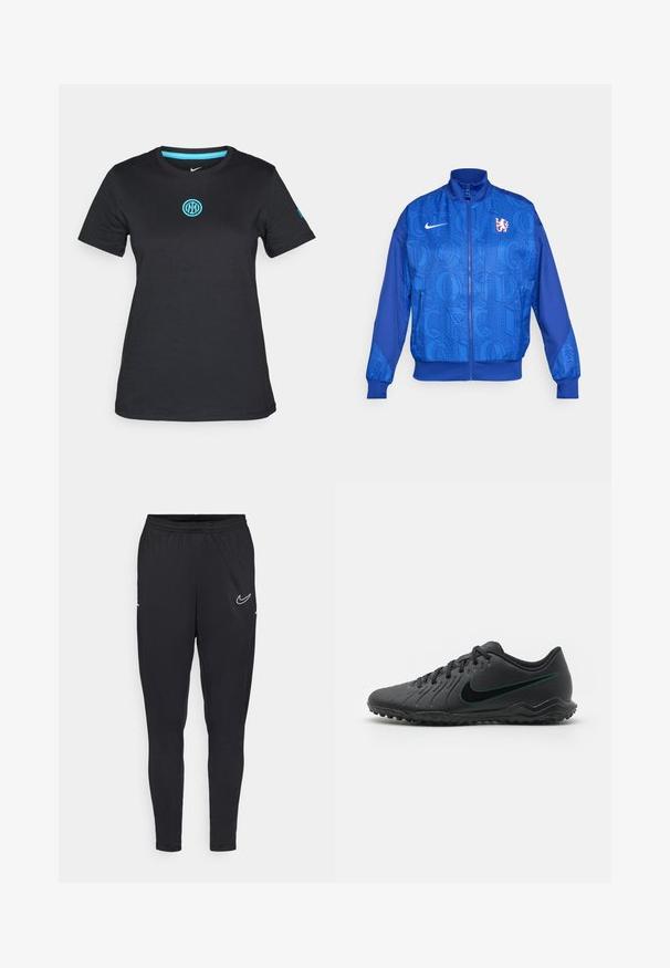 Blå lynlåsjakke med tekstureret mønster, der har "LONDON" og "CFC," Nike-logo, høj krave og elastiske manchetter.; Sort kortærmet t-shirt lavet af blødt materiale, med rund halsudskæring og et lyseblåt broderet logo på brystet.; Sorte atletiske bukser lavet af letvægtsstof, med elastisk talje, tætsiddende design og et hvidt Nike-logo på låret.; Sort fodboldstøvle med struktureret syntetisk overdel, buet design, sort ydersål og teal Nike-logo på siden. Snørelukning.