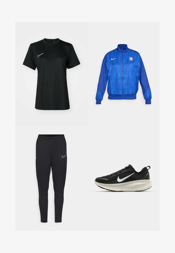 Blå hettejakke med teksturert mønster som har "LONDON" og "CFC" på, Nike-logo, høy krage og elastiske mansjetter.; Svart kortermet treningst-skjorte med rund hals. Har en hvit Nike-logo på øvre venstre side. Glatt, lett stoff.; Sorte treningbukser laget av lett stoff, med elastisk midjebånd, tett passform og en hvit Nike-logo på låret.; Svart Nike løpesko med pustende mesh-overdel, hvit swoosh-logo, teksturert detaljer og en kremfarget ZoomX mellomsåle.