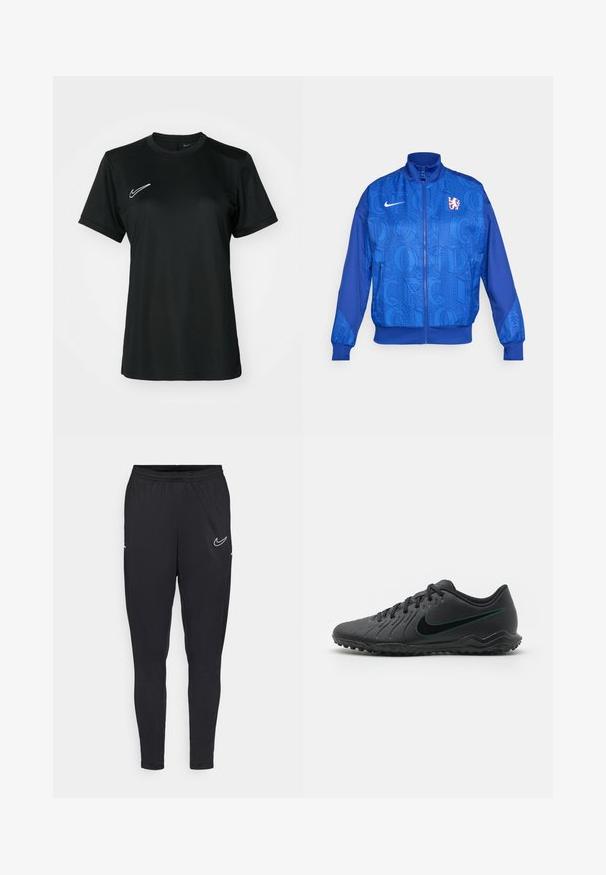 Chaqueta azul con cremallera y patrón texturizado que presenta "LONDRES" y "CFC", logo de Nike, cuello alto y puños elásticos.; Camisa atlética negra de manga corta con cuello redondo. Presenta un logo de Nike blanco en la parte superior izquierda. Tejido suave y ligero.; Pantalones deportivos negros hechos de tejido ligero, con cinturilla elástica, diseño ajustado y un logo blanco de Nike en el muslo.; Botas de fútbol negras con parte superior sintética texturizada, diseño curvado, suela negra y logotipo de Nike en color azul verdoso en el costado. Cierre con cordones.