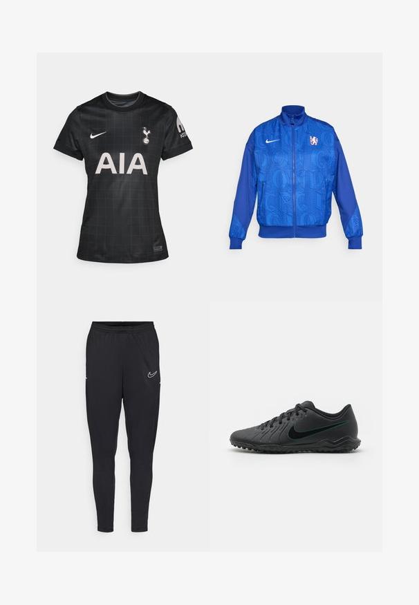 Veste zippée bleue avec un motif texturé, comportant "LONDRES" et "CFC", logo Nike, col haut et poignets élastiques.; Maillot de football noir avec un motif en grille, présentant un col rond, des manches courtes et les logos de Nike et de Tottenham Hotspur.; Pantalons de sport noirs en tissu léger, avec une taille élastique, une coupe ajustée et un logo Nike blanc sur la cuisse.; Crampons de football noirs avec une tige synthétique texturée, un design incurvé, une semelle extérieure noire et un logo Nike teal sur le côté. Fermeture à lacets.