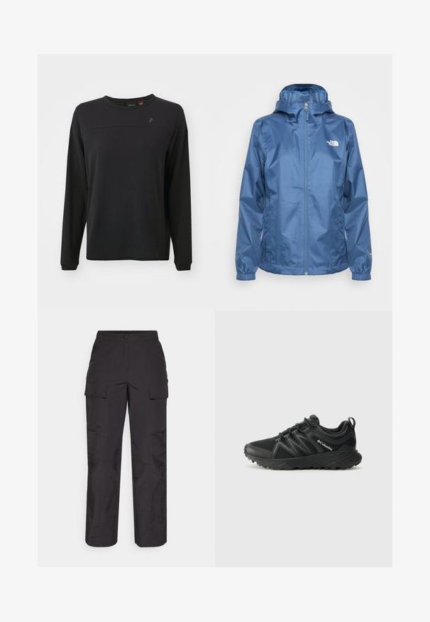 Blå vandtæt jakke med lynlås, justerbar hætte, elastiske manchetter og logo på brystet. Glat tekstur og letvægtsdesign.; Sort langærmet skjorte med tekstureret stof, rund hals og et subtilt logo på brystet. Har en afslappet pasform og syet detaljer.; Sorte cargo bukser lavet af holdbart stof, med flere sidelommer, en knaplukning og en løs pasform med lige ben.; Columbia PEAKFREAK - Hikingsko - black