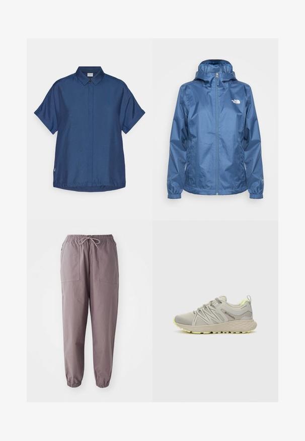 Blå vandtæt jakke med lynlås, justerbar hætte, elastiske manchetter og logo på brystet. Glat tekstur og letvægtsdesign.; Marineblå kortærmet skjorte lavet af glat stof. Har en klassisk krave, lukning med frontknapper og en afslappet pasform med lige søm.; Grå elastiske bukser med snøre i taljen, der har to frontlommer og tapered ankler, vist mod en hvid baggrund.; Columbia PEAKFREAK - Hikingsko - dove/citron haze