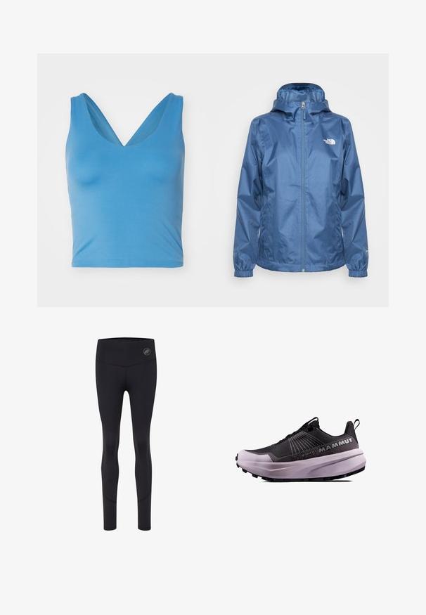 Blauwe waterdichte jas met een ritssluiting, verstelbare capuchon, elastische manchetten en logo op de borst. Gladde textuur en lichtgewicht ontwerp.; Girlfriend Collective FLOAT ZOE TANK CROSS BACK - Top - surf; Zwarte sportleggings met een hoge tailleband, met een logo aan de voorkant, een gladde textuur en een aansluitend ontwerp.; Zwarte en paarse trailrun-schoen met een gestructureerde bovenkant, gevoerde zool en opvallend logo. Kenmerkt een vetersluiting en duurzame profiel.