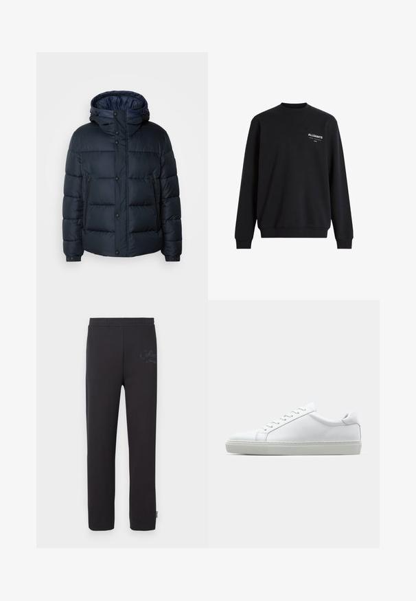 Marineblaue Steppjacke mit Kapuze, gestepptem Design, Frontreißverschluss und Druckknopfverschluss, zwei Seitentaschen und elastischen Bündchen.; Schwarzer Rundhalsausschnitt-Pullover aus Baumwollmischung, mit einem weißen "ALLSAINTS"-Logo auf der linken Brust sowie gerippten Bündchen und Saum.; Schwarze Jogginghosen mit einem elastischen Bund, die ein dezentes aufgedrucktes Logo am linken Oberschenkel und ein gerades Bein-Design aufweisen.; Weißer Sneaker mit glattem Lederobermaterial und niedrigem Profil. Verfügt über eine runde Zehenpartie, sechs Ösen und eine strukturierte Gummisohle.