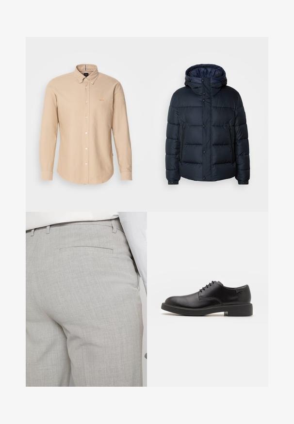 Giacca puffy blu navy con cappuccio, design trapuntato, chiusura frontale con zip e bottoni a pressione, due tasche laterali e polsini elasticizzati.; Maglione a collo alto nero realizzato in materiale morbido, con maniche lunghe e vestibilità aderente. Bordo a coste all'orlo e ai polsini. Design semplice.; Camicia button-up beige chiaro con colletto classico, maniche lunghe e un sottile logo "BOSS" arancione sul lato sinistro. Texture morbida.; Pantaloni sartoriali grigio chiaro realizzati in tessuto strutturato, con una tasca posteriore singola e cuciture pulite.; Scarpa nera in pelle con lacci, punta tonda, texture liscia, cuciture minime e tacco in gomma basso. Logo sul tacco.