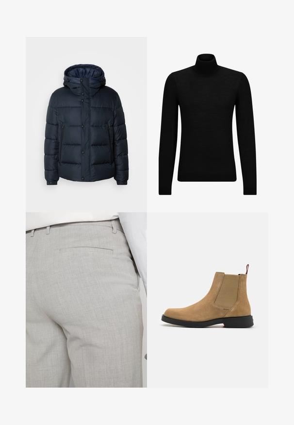 Tengerészkék pufi dzseki kapucnival, steppelt mintával, elöl cipzárral és patentos záródással, két oldalsó zsebbel és rugalmas mandzsettákkal.; Fekete garbó pulóver puha anyagból, hosszú ujjakkal és szoros fazonnal. Ribbed díszítés az alján és az ujjak végén. Egyszerű dizájn.; Világosszürke, texturált anyagból készült szabott nadrág, egyetlen hátsó zsebbel és tiszta varrással.; HUGO IKER - Klasszikus bokacsizmák - medium beige