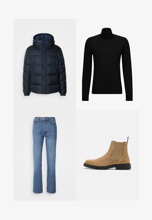 Tumesinine puhvjakiri kapuutsiga, tikkpatterndiga, ees lukuga ja nööbiga kinnitused, kaks küljetaskut ning elastsed varrukaotstarbelised. ; Musthave muströid ja pehmest materjalist must turtleneck, millel on pikad varrukad ja tihe istuvus. Ribaga ääris allservas ja vöökohal. Lihtne disain.; Sinised denim teksad kõrge vöökoha, sirge jala disaini ja kerge pleekimisega. Omavad klassikalist viit taskut ja tõmbluku sulgemist.; HUGO IKER - Klassikalised poolsaapad - medium beige