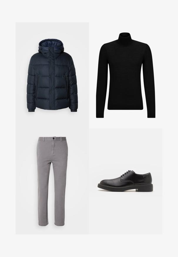 Tengerészkék pufi dzseki kapucnival, steppelt mintával, elöl cipzárral és patentos záródással, két oldalsó zsebbel és rugalmas mandzsettákkal.; Fekete garbó pulóver puha anyagból, hosszú ujjakkal és szoros fazonnal. Ribbed díszítés az alján és az ujjak végén. Egyszerű dizájn.; Szürke pamut keverék nadrágok egyenes szárú dizájnnal, egy gombos záródással és oldalsó zsebekkel. Simaszerkezet, enyhe fénylő hatással.; Fekete bőrcipő, kerek orrú, sima felületű, minimális varrással és alacsony gumitalppal. Logó a sarokrészen.