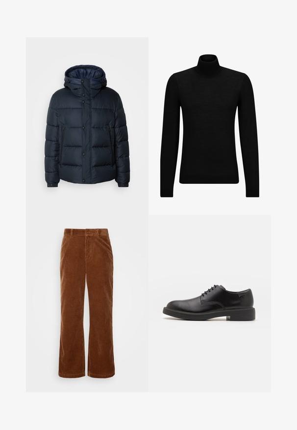 Marineblaue Steppjacke mit Kapuze, gestepptem Design, Frontreißverschluss und Druckknopfverschluss, zwei Seitentaschen und elastischen Bündchen.; Schwarzer Rollkragenpullover aus weichem Material mit langen Ärmeln und enger Passform. Rippbesatz am Saum und an den Bündchen. Einfaches Design.; Braune Cordhosen mit einem weit geschnittenen Design, das eine vertikale Rippstruktur, einen Knopfverschluss und standardmäßige Gürtelschlaufen aufweist.; Schwarzer Leder-Schnürschuh mit abgerundetem Zeh, glatter Textur, minimaler Naht und niedrigem Gummiabsatz. Logo auf der Ferse.