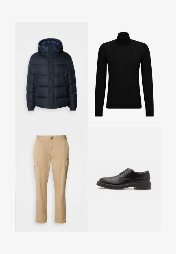 Mornarska puf jakna s kapuljačom, kvadratnim dizajnom, prednjim zatvaračem i kopčama na dugmad, sa dva bočna džepa i elastičnim manžetama.; Crni dukserica s visokim ovratnikom, napravljena od mekanog materijala, s dugim rukavima i priljubljenim krojem. Rebrasti detalji na donjem rubu i rukavima. Jednostavan dizajn.; Bež cargo hlače od pamuka. Imaju dva bočna džepa, dugme za zatvaranje i ravne nogavice. Glatka tekstura, ležeran stil.; Crne kožne cipele s vezanjem i zaobljenim vrhom, glatke teksture, minimalnim šavovima i niskim gumiranim potplatom. Logo se nalazi na peti.