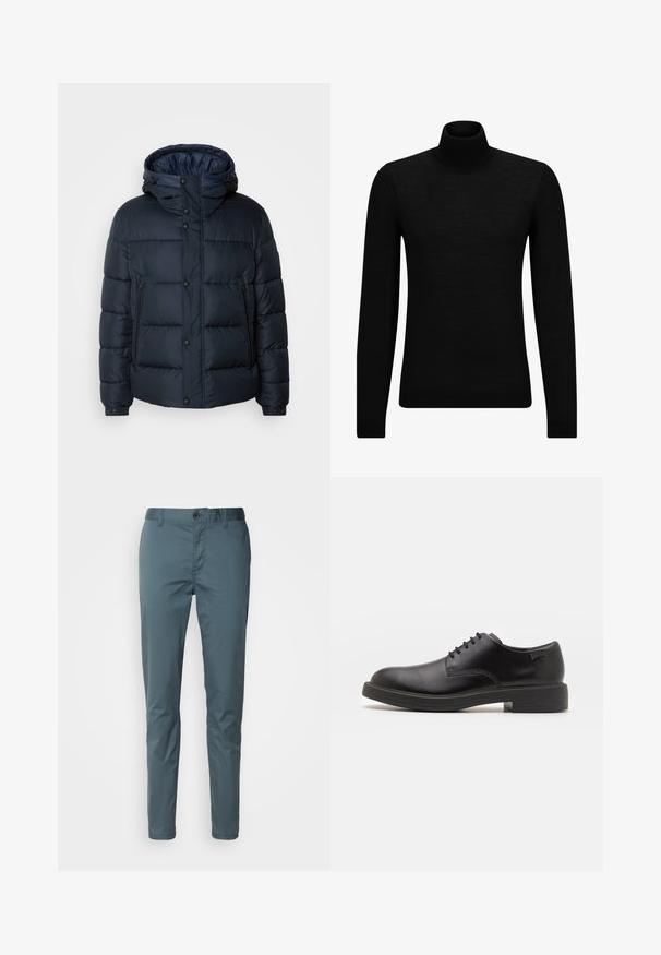 Námornícka pufovaná bunda s kapucňou, prešívaný dizajn, predný zips a druky, dve bočné vrecká a elastické manžety.; Čierny rolák vyrobený z jemného materiálu, s dlhými rukávmi a tesným strihom. Hranatý lem a manžety s ribbed úpravou. Jednoduchý dizajn.; Scotch & Soda ESSENTIALS STUART - Nohavice chinos - steel; Čierne kožené šnurovacie topánky s okrúhlou špičkou, hladkým povrchom, minimálnym prešívaním a nízkym gumovým podpätkom. Logo na podpätku.