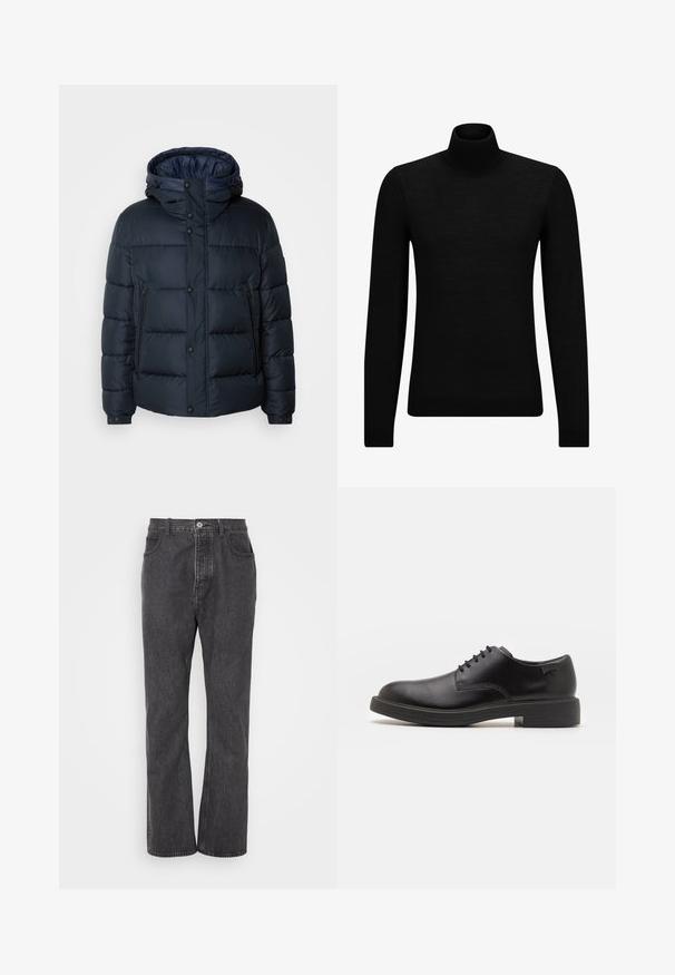 Marineblå quiltet jakke med hætte, frontlynlås og knaplukninger, to sidelommer og elasterskede.; Sort turtleneck sweater lavet af blødt materiale, med lange ærmer og en tætsiddende pasform. Ribbet trim ved kanten og manchetter. Simpelt design.; Sorte denim jeans med lige ben, med en frontlukning med knap, bæltestropper og subtilt slid for tekstur.; Sorte læder snørestøvle med rund tå, glat tekstur, minimal syning og lav gummihæl. Logo på hælen.