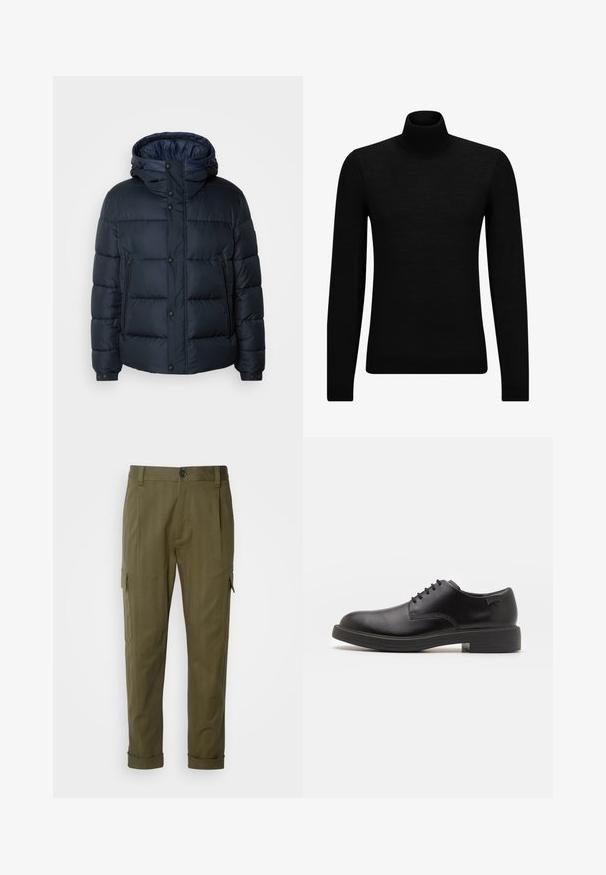 Tumesinine puhvjakiri kapuutsiga, tikkpatterndiga, ees lukuga ja nööbiga kinnitused, kaks küljetaskut ning elastsed varrukaotstarbelised. ; Musthave muströid ja pehmest materjalist must turtleneck, millel on pikad varrukad ja tihe istuvus. Ribaga ääris allservas ja vöökohal. Lihtne disain.; BOSS PERIN - Kargopüksid - open green; Must beemel levalis kingad ümarate varvastega, sileda pinnaga, minimaalsete õmblustega ja madala kummist kontsaga. Logo kontsa peal.