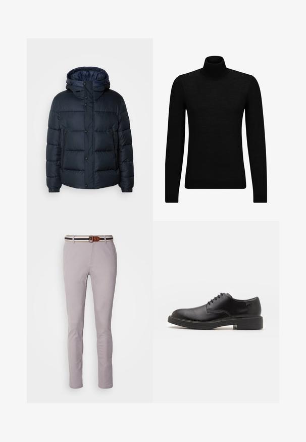 Marine blauwe pufferjack met een capuchon, doorgestikt ontwerp, voorrits en drukknoopsluiting, twee zijzakken en elastische manchetten.; Zwarte coltrui van zacht materiaal, met lange mouwen en een snug fit. Geribbelde afwerking aan de onderkant en mouwen. Eenvoudig ontwerp.; Lichtgrijze broek van een katoenmix, met een slim fit, een platte voorkant en een bruine en marineblauwe gestreepte riem met een rechthoekige gesp.; Zwarte leren veterschoen met een ronde neus, een gladde textuur, minimale stiksels en een lage rubberen hak. Logo op de hak.