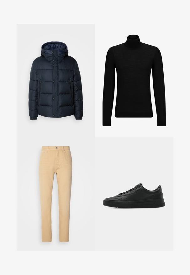 Tamsiai mėlynas pūkinis švarkas su kapišonu, siūtas dizainas, priekinis užtrauktukas ir mygtukų uždarymas, dvi šoninės kišenės ir elastingi rankogaliai.; Juodas aukšto kaklo megztinis, pagamintas iš minkštos medžiagos, su ilgomis rankovėmis ir prigludusia forma. Su raukiniais apačioje ir rankogaliuose. Paprastas dizainas.; Kreminės spalvos medvilninės kelnes su siauru siluetu, su penkių kišenių dizainu, priekyje užsegamos sagos ir subtiliu tekstūros akcentu.; Juodi sportiniai batai su lygia odine viršutine dalimi, apvaliu pirštu, plokščiomis raišteliais, pagaminta su paminkštinta apykakle ir minimalizmo dizainu. Guma padais su subtilia protektoriaus raštu.