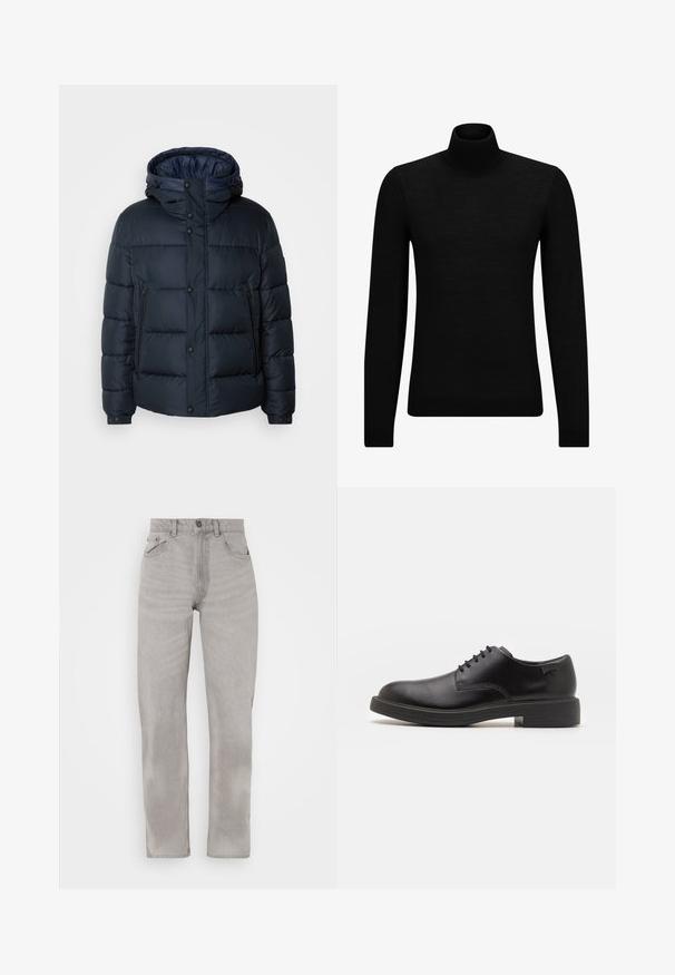Granatowa kurtka puchowa z kapturem, pikowany wzór, zamek błyskawiczny i zatrzaski z przodu, dwie boczne kieszenie oraz elastyczne mankiety.; Czarny sweter z golfem wykonany z miękkiego materiału, z długimi rękawami i dopasowanym krojem. Żebrowane wykończenie na dolnym brzegu i mankietach. Prosty design.; Szare dżinsy o prostym kroju, z pięcioma kieszeniami, z zapięciem na guzik i zamek błyskawiczny oraz delikatnymi efektami wypłowienia.; Czarny skórzany but za kostkę z okrągłym noskiem, gładką fakturą, minimalnym przeszyciem i niskim gumowym obcasem. Logo na pięcie.