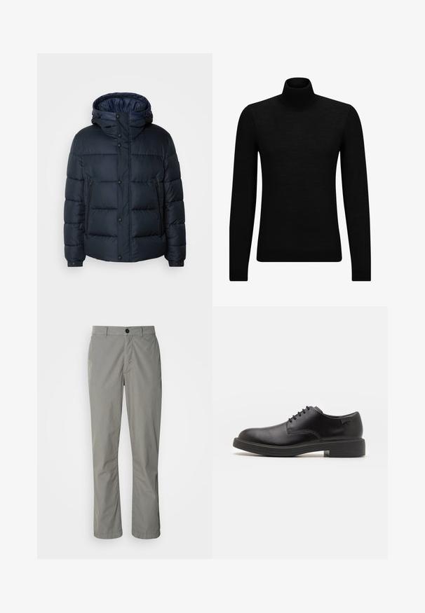 Tumesinine puhvjakiri kapuutsiga, tikkpatterndiga, ees lukuga ja nööbiga kinnitused, kaks küljetaskut ning elastsed varrukaotstarbelised. ; Musthave muströid ja pehmest materjalist must turtleneck, millel on pikad varrukad ja tihe istuvus. Ribaga ääris allservas ja vöökohal. Lihtne disain.; Helehallid püksid, mis on valmistatud kergest kangast. Nendel on ees nuppudega sulgemine, kaldega taskud ja sirge sääre disain.; Must beemel levalis kingad ümarate varvastega, sileda pinnaga, minimaalsete õmblustega ja madala kummist kontsaga. Logo kontsa peal.