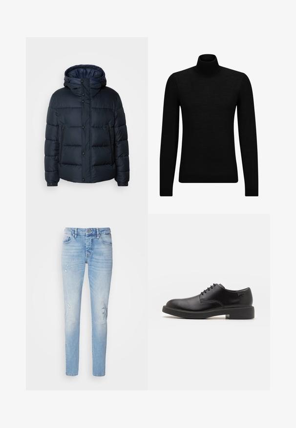 Navy puffer jacket with hood, quilted design, front zip and snap closures, two side pockets, and elasticized cuffs.; Mustahuivi neule, joka on valmistettu pehmeästä materiaalista, jossa on pitkät hihat ja tiukka istuvuus. Ribbaus reunassa ja hihansuissa. Yksinkertainen muotoilu.; Vaaleansiniset farkut slim fit -mallilla, jossa on kulutuksia ja klassinen viisi-taskuinen muotoilu. Pyöristetty helma ja metallinen nappisulku.; Mustat nahkasaappaat, joissa on pyöreä kärki, sileä pinta, minimaalinen ommel ja matala kumipohja. Logo kannassa.