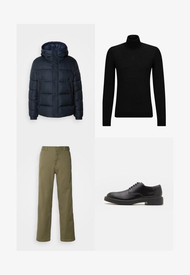 Mornarska zimska jakna s kapuco, prešita zasnova, sprednji zadrga in priponke, dve stranski žepni in elastični manšeti.; Črna turtleneck pulover iz mehkega materiala, z dolgimi rokavi in tesnim prileganjem. R ibana obroba na robu in rokavih. Preprosta zasnova.; Khaški hlače iz gladkega bombažnega blaga, z ravnim krojem, gumbom in zadrgo ter zankami za pas na pasu.; Črne usnjene čipkaste čevlje z zaobljenim nosom, gladko teksturo, minimalnim šitjem in nizkim gumijastim peto. Logo na peti.