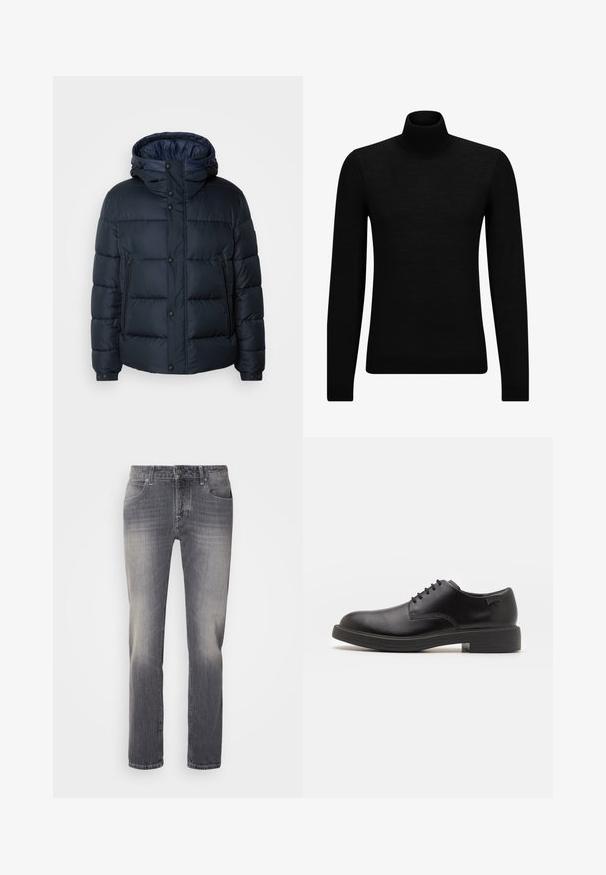 Granatowa kurtka puchowa z kapturem, pikowany wzór, zamek błyskawiczny i zatrzaski z przodu, dwie boczne kieszenie oraz elastyczne mankiety.; Czarny sweter z golfem wykonany z miękkiego materiału, z długimi rękawami i dopasowanym krojem. Żebrowane wykończenie na dolnym brzegu i mankietach. Prosty design.; Szare dżinsy o prostym kroju nogawki, z efektem spentnienia na udach, pięcioma kieszeniami oraz srebrnym zapięciem na guzik w talii.; Czarny skórzany but za kostkę z okrągłym noskiem, gładką fakturą, minimalnym przeszyciem i niskim gumowym obcasem. Logo na pięcie.