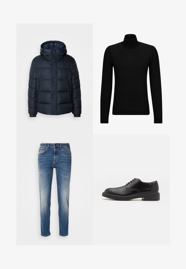 Navy puffer jacket with a hood, quilted design, front zip and snap closures, two side pockets, and elasticized cuffs.; Black turtleneck sweater made of soft material, featuring long sleeves and a snug fit. Ribbed trim at the hem and cuffs. Simple design.; Blue denim jeans featuring a straight leg design, light fading, classic five-pocket styling, and a zip fly with button closure.; Black leather lace-up shoe with a rounded toe, smooth texture, minimal stitching, and a low rubber heel. Logo on the heel.
