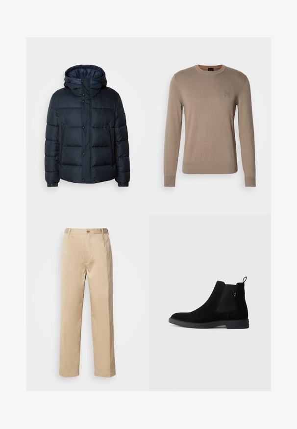 Mornarska zimska jakna s kapuco, prešita zasnova, sprednji zadrga in priponke, dve stranski žepni in elastični manšeti.; Moški bež pulover s kratkimi rokavi, rebrastimi manšetami in podaljšanim robom, z majhnim kvadratnim logotipom na prsih.; Bež hlače iz lahkega materiala, s straight leg krojem, pasom z zankami za pas in enim sprednjim gumbom za zapiranje.; Črne semiš Chelsea škornje z elastičnimi stranskimi paneli, zaobljenim prstom in nizkim gumijastim podplatom. Imajo zanka na hrbtni strani za enostavno obuvanje.
