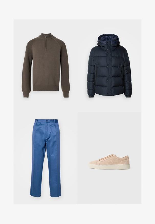 Mornarska zimska jakna s kapuco, prešita zasnova, sprednji zadrga in priponke, dve stranski žepni in elastični manšeti.; Rjav pleten pulover z dolgimi rokavi, ovratnikom z četrtinskim zadrgo, rebrastimi manšettami in robom, ter majhnim značko na levem rokavu.; Modre hlače iz gladkega blaga, s pravo krojem, zapiranjem na gumb in diskretnimi šivi.; Bež nubuk superge z nizkim profilom, ravnimi vezalkami in kremnim gumijastim podplatom, z diskretnim logotipom odtisnjenim na strani.