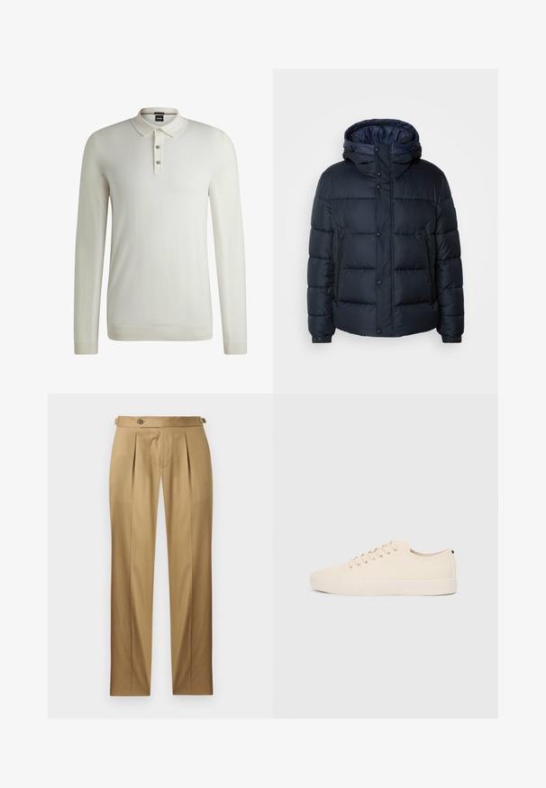 Tengerészkék pufi dzseki kapucnival, steppelt mintával, elöl cipzárral és patentos záródással, két oldalsó zsebbel és rugalmas mandzsettákkal.; BOSS Pulóver - open white eleven; Betétes egyenes szabású bézs nadrág, redőkkel, gombos záródással és övbújtatókkal. Simább anyag, tiszta, szabott megjelenéssel.; Beige vászon sportcipők, kerek orral, lapos gumi talppal és fűzős elejével. Minimális dizájnnal rendelkezik, és kontrasztos fekete akcentussal a saroknál.