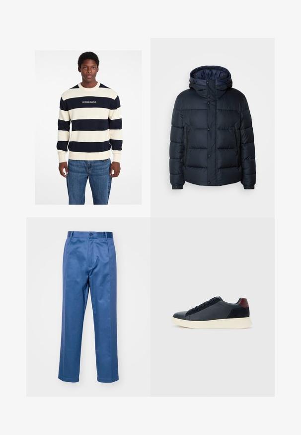 Námornícka pufovaná bunda s kapucňou, prešívaný dizajn, predný zips a druky, dve bočné vrecká a elastické manžety.; Námořnický a krémově pruhovaný svetr z pleteniny má pružné manžety a lem, s logem "GUESS JEANS" vyobrazeným na přední straně. Ležérní střih.; Modré nohavice vyrobené z hladkej tkaniny, s rovnými nohavicami, zapínaním na gombík a decentným prešívaním.; Pánske nízkopoložené tenisky z čiernej kože a semisuku s vínovým pätovým pásikom a bielou gumovou podrážkou, zobrazené z vonkajšej strany.