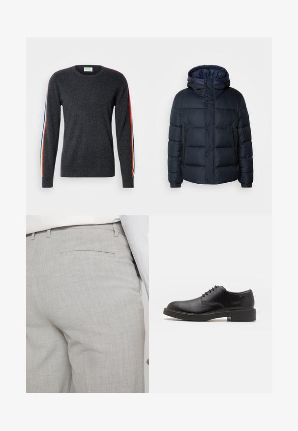 Cazadora acolchada azul marino con capucha, diseño acolchado, cierre frontal con cremallera y botones a presión, dos bolsillos laterales y puños elásticos.; Sweater gris oscuro de manga larga, con rayas de colores en los hombros. Hecho de tela suave y con escote redondo.; Pantalones grises claros a medida hechos de tela texturizada, con un solo bolsillo trasero y costuras limpias.; Zapato negro de cuero con cordones, punta redondeada, textura suave, costuras mínimas y tacón bajo de goma. Logo en el tacón.