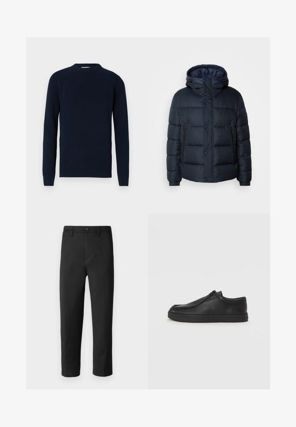 Mornarska zimska jakna s kapuco, prešita zasnova, sprednji zadrga in priponke, dve stranski žepni in elastični manšeti.; DRYKORN RIPPLEY - Pulover - blue; Črne hlače s ravnim krojem, izdelane iz gladkega materiala. Imajo gumbe za zapiranje in zanke za pas. Brez vidnih vzorcev ali dodatkov.; Črne usnjene natikače s zaobljenim prstom, šivanim detajlima in črnim gumijastim podplatom. Gladka tekstura z minimalističnim dizajnom.