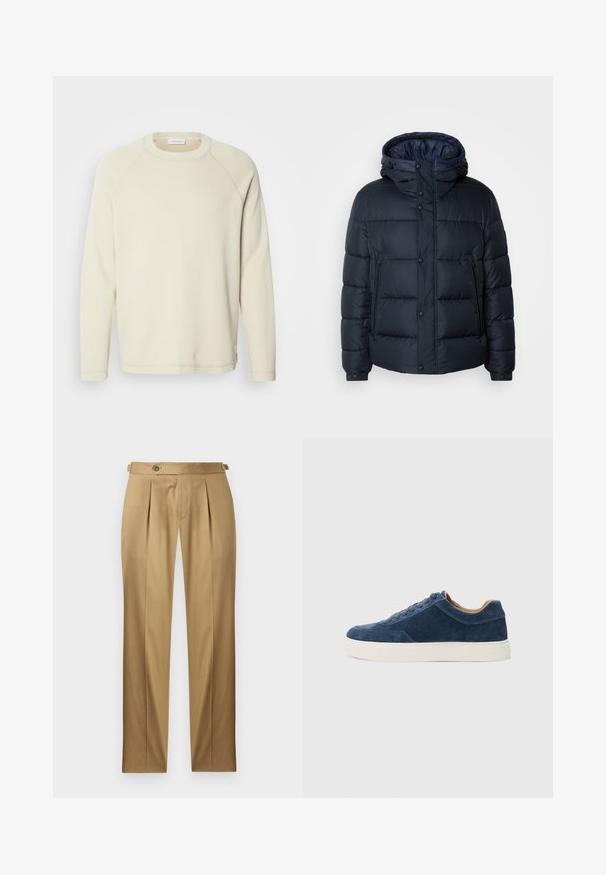 Tumesinine puhvjakiri kapuutsiga, tikkpatterndiga, ees lukuga ja nööbiga kinnitused, kaks küljetaskut ning elastsed varrukaotstarbelised. ; Kerge beeži värvi pikkade varrukatega dressipluus, ribatekstuuriga, ümar kaelus ja raglan varrukad. Vähenenud õmblusharjutus õmbluste ääres.; Beežid püksid sirge lõikega, millel on voldid, nööpkinnitus ja vööaasad. Sile kangas puhta ja viimistletud väljanägemisega.; Sinine sametist tennis, millel on valge kummist tall, nööbid, ümar varvas ja kontrastne pruuni siseosa. Peened õmblusdetailid.