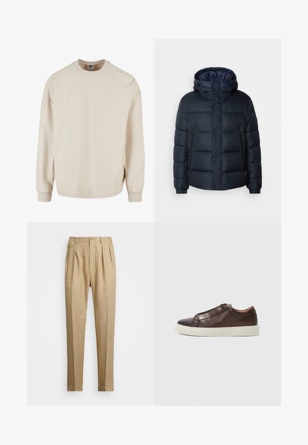 Navy puffer jacket with a hood, quilted design, front zip and snap closures, two side pockets, and elasticized cuffs.; Beige ribbed long-sleeve sweatshirt with a crew neckline, featuring dropped shoulders and ribbed cuffs. Soft texture and relaxed fit.; Beige linen trousers with a straight cut, featuring two front pleats, a button closure, and side pockets. Textured fabric with a smooth finish.; Brown leather sneaker with a rounded toe, contrasting white rubber sole, stitched accents, and no visible laces. Smooth texture overall.