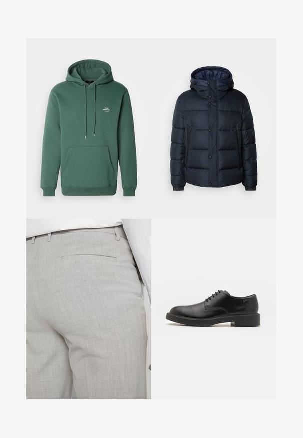 Navy puffer jacket with a hood, quilted design, front zip and snap closures, two side pockets, and elasticized cuffs.; Green hoodie made of soft material, featuring a front pocket, drawstrings, and a small white logo on the chest. Classic cut and ribbed cuffs.; Light gray tailored trousers made of textured fabric, featuring a single back pocket and clean stitching.; Black leather lace-up shoe with a rounded toe, smooth texture, minimal stitching, and a low rubber heel. Logo on the heel.