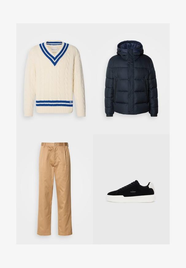 Granatowa kurtka puchowa z kapturem, pikowany wzór, zamek błyskawiczny i zatrzaski z przodu, dwie boczne kieszenie oraz elastyczne mankiety.; Kremowy sweter w splot kablowy z głębokim dekoltem w kształcie V, z niebiesko-białym paskiem u kołnierza i na dolnej części. Na dolnej krawędzi znajduje się napis "Gant" w kolorze niebieskim.; Spodnie khaki, z mieszanki bawełny, prosty krój nogawki, fałdy z przodu, pętle na pasek i zapięcie na guzik. Gładka tekstura bez wzorów.; Czarne niskie sneakersy z białą podeszwą i uchwytem na pięcie, sznurowane z przodu, z logo Calvin Klein po boku.