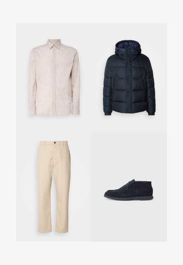 Tumesinine puhvjakiri kapuutsiga, tikkpatterndiga, ees lukuga ja nööbiga kinnitused, kaks küljetaskut ning elastsed varrukaotstarbelised. ; Heledad beež pikkade käistega nööpidega särk, millel on tekstuuriga muster, kaelariba ja sobivad nööbid ees.; Beezid puuvillased püksid sirgete jalgadega, ees nööpidega kinnitamisega, küljetaskutega ja sileda tekstuuriga. Minimalistlik disain, ilma nähtavate mustriteta.; Tumesinine nubukist chukka saabas, millel on ümar varvas ja õmmeldud detailid. Omab sujuvat kummist talda ja minimalistikku disaini, millel ei ole nähtavat brändimist.