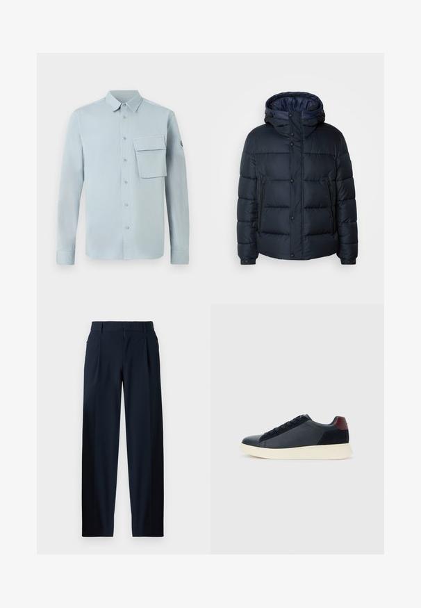 Mornarska zimska jakna s kapuco, prešita zasnova, sprednji zadrga in priponke, dve stranski žepni in elastični manšeti.; Svijetloplava košulja dugih rukava od mekog materijala, s gumbima sprijeda, džepom na prsima i jednostavnim dizajnom ovratnika.; Temno modri hlače z gladko teksturo, širokim krojem, sprednjimi pregibi, zankami za pas in z zip zapiranjem. Primerne za formalno ali priložnostno nošenje.; Nizke moške tenisice iz črnega usnja in semiša z vijoličnim petnim delom in belim gumijastim podplatom, prikazane s sprednje strani.