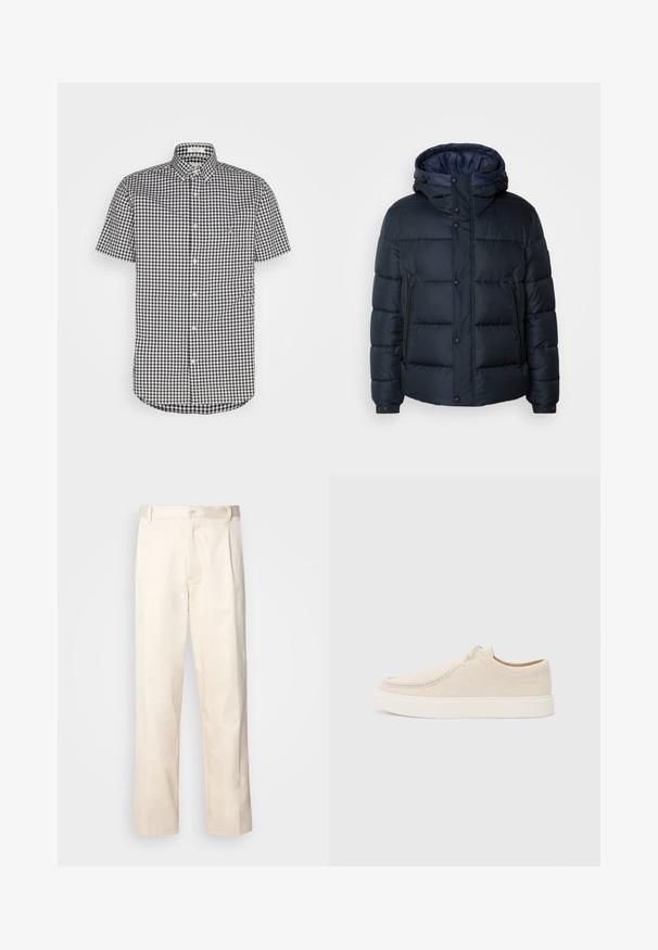 Giacca puffy blu navy con cappuccio, design trapuntato, chiusura frontale con zip e bottoni a pressione, due tasche laterali e polsini elasticizzati.; Camicetta a maniche corte con bottoni in tessuto a quadretti bianco e nero, materiale in cotone, colletto a punta e dettaglio della tasca sul petto.; Pantaloni in cotone beige con taglio dritto, dotati di chiusura a bottone e pence sul davanti per un tocco di dettaglio in più.; Sneaker in suede beige chiaro con punta rotonda, cuciture minime e suola in gomma bianca. Presenta una chiusura con lacci semplice e un dettaglio di branding.